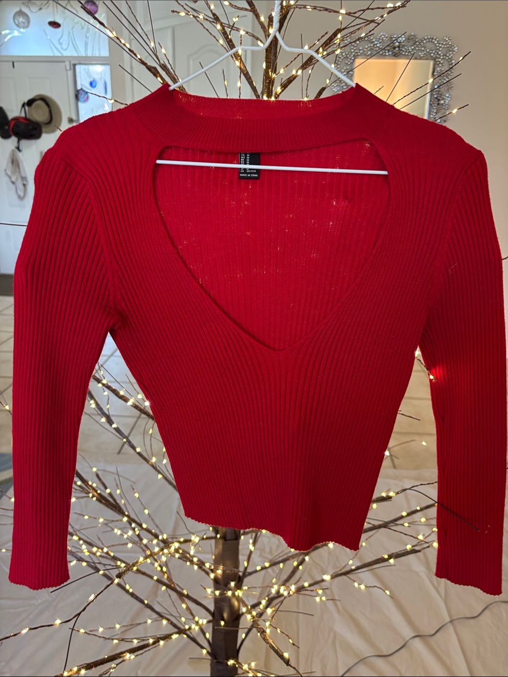 Forever 21 Red Ribbed V‑Neck Long Sleeve Top
